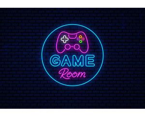 Fotobehang Game Room Neonstijl met neon gamecontroller en felgekleurde knoppen op donkere baksteenachtergrond.