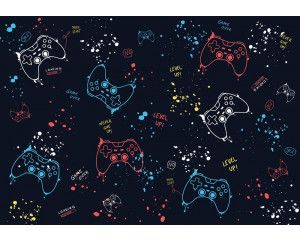 Fotobehang van verschillende gamecontrollers, ontworpen voor een gamingkamer of een speelse ruimte.
