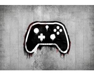 Gaming controller graffiti-stijl muurschildering met levendige kleuren en speelse details, perfect voor een gamekamer.