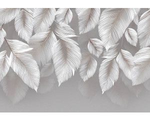 Fotobehang met tropische bladeren in groene tinten tegen een lichte achtergrond.