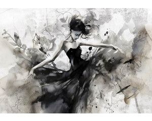 Geschilderde danseres in een betonnen achtergrond, sfeervol afgebeeld op dit kunstzinnige fotobehang.