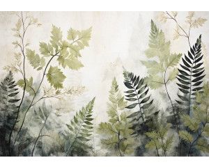 Groene bladeren, gedetailleerd geschilderd, komen tot leven op dit natuurgetrouwe fotobehang.