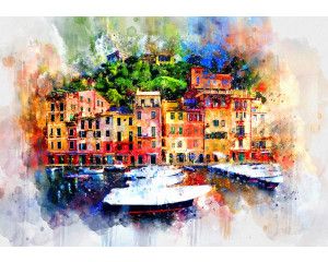 Fotobehang van een geschilderde haven met landschap en boten.