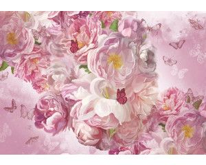 Fotobehang van geschilderde pioenrozen en roze bloemen, met vlinders in een elegante compositie.