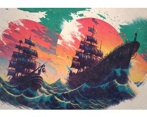 Fotobehang van geschilderde piratenschepen, met een kunstzinnige weergave van een boot.