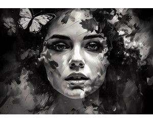 Geschilderde vrouw en vlinder, afgebeeld in een gedetailleerd kunstportret op fotobehang.