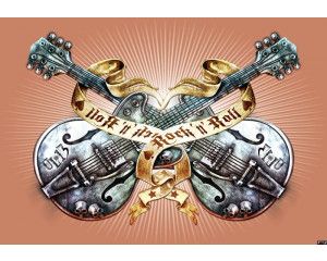 Fotobehang van oranje gitaren in een heavy metal stijl, perfect voor muziekliefhebbers en rockfans.