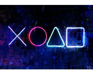 Fotobehang met lichtgevende PlayStation-symbolen op een donkere achtergrond in een futuristische urban stijl.