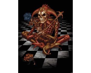 Fotobehang van een skeletclown met schaakbord, gotisch en mysterieus.