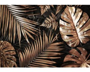 Een luxe fotobehang met gouden bladeren op een zwarte achtergrond.