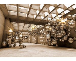 Fotobehang met gouden gebouw in 3D, sprankelende stalen kogels en abstracte vormen.