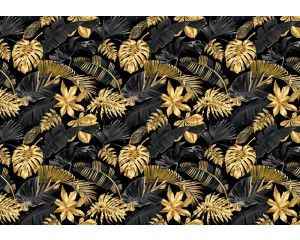 Gouden jungle bladeren sieren dit botanische fotobehang, met een weelderige en tropische uitstraling.