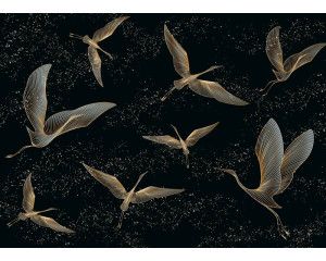 Een fotobehang met gouden kraanvogels, waarin sierlijke vogels met goudaccenten zweven tegen een subtiele achtergrond voor een luxe en harmonieuze uitstraling.