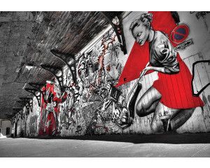 Moderne graffiti op een muur, abstract en met 3D-effecten, op fotobehang.