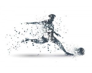 Grafisch fotobehang van een voetballer in actie, weergegeven met gedurfde lijnen en vormen die de beweging van het spel benadrukken.