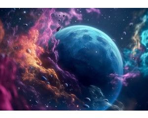 De sterren en planeten van de melkweg afgebeeld in een grootse galactische weergave op dit fotobehang.