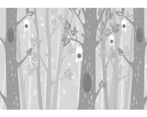 Fotobehang van grijze bomen in een sneeuwlandschap, winters en rustgevend.