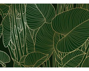 Een fotobehang met groene bladeren en gouden details, waarbij diepe groentinten worden gecombineerd met subtiele goudaccenten voor een luxe uitstraling.