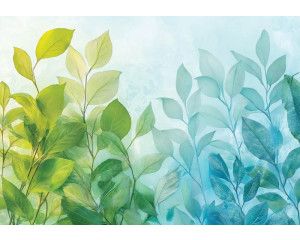 Fotobehang met klassieke botanische bladeren in zachte groentinten op een lichte achtergrond.