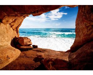 Grot met uitzicht op zee, 3D-effect fotobehang met een rustgevende en kalmerende sfeer voor elke ruimte.