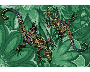 Hagedissen, kunstzinnig weergegeven op een abstract en natuurlijk fotobehang.