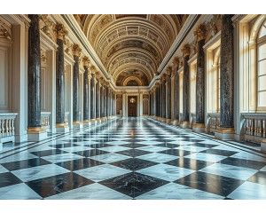 Fotobehang van een luxueuze gouden hal met 3D-gebouwen, in een stijlvolle setting.