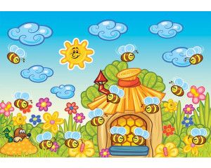 Vrolijke bijen op dit fotobehang, speciaal ontworpen voor de kinderkamer of babykamer.