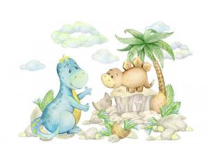 Blije dinosaurussen die door het regenwoud bewegen, terwijl de kinderen genieten van de kleurrijke en speelse scène op dit fotobehang.