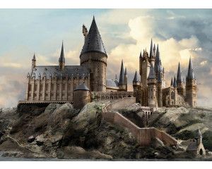 Een fotobehang met Harry Potter uitzicht op Zweinstein, waarin het iconische kasteel hoog boven het landschap uittorent en een magische en betoverende sfeer creëert.