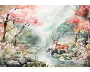 Fotobehang van een hert in de wildernis, omringd door bos en natuurlijke elementen.