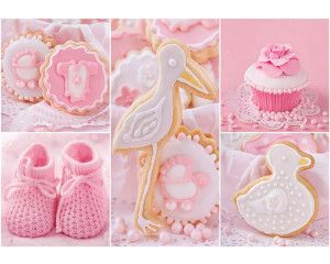 Fotobehang met de tekst 'Het is een meisje,' roze babykamerontwerp met cupcake-stijl.