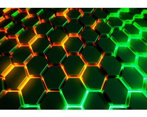 Fotobehang met 3D-zeshoeken in neonkleuren groen, oranje en geel met futuristische lichtaccenten.
