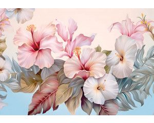 Hibiscus bloemen afgebeeld in een kunstschilderij, weergegeven op een prachtig bloemig fotobehang.