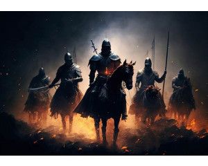 Historische ridders te paard in volle galop op een episch fotobehang, perfect voor fans van middeleeuwse avonturen.