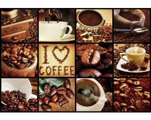 I love coffee collage, fotobehang met koffiebonen en cappuccino voor een gezellige en warme sfeer.