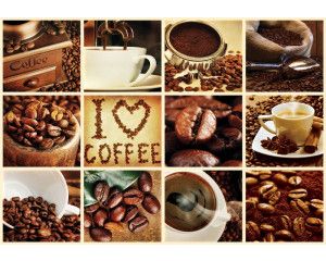 Koffiecollage met wit kader, fotobehang met koffiebonen en een moderne en speelse uitstraling.