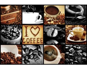 Zwart kader koffie collage, fotobehang met een stijlvolle en moderne weergave van koffiebonen.