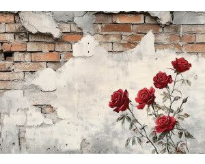Fotobehang met romantische rozen tegen een industriële muur van verweerd beton en steenstructuur.