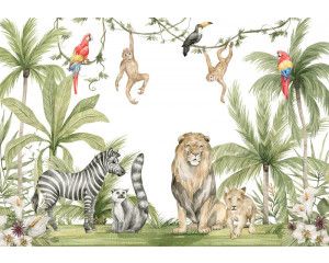 Fotobehang met verschillende dieren zoals een leeuw, zebra, papegaai, toekan en apen in de jungle in de jungle, ontworpen voor kinderkamers.