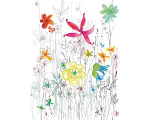 Fotobehang van een kleurrijk kunstwerk met bloemen, brengt levendigheid en creativiteit in elke kamer.