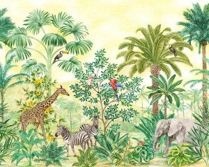 Kinderbehang met een jungleavontuur thema, vol met exotische dieren zoals tijgers en apen, ideaal voor junglekamers.