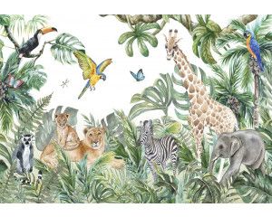 Dieren zoals een olifant, giraffe, zebra, leeuw, papegaai, ringstaartmaki en een toekan in de jungle op een avontuurlijk fotobehang.