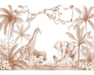 Een fotobehang in terracotta kleuren met allemaal dieren zoals een olifant, aap, giraffe en een papegaai in de jungle.