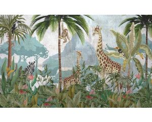 Fotobehang van een paradijs met tropische jungle dieren, exotische planten en levendige kleuren, voor een avontuurlijke sfeer.