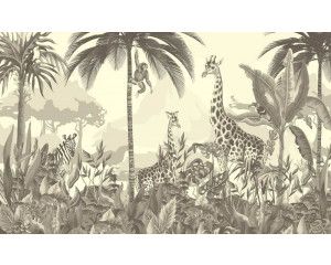 Fotobehang van jungle dieren op safari in zwart-wit, met een tropisch tintje dat de wilde natuur benadrukt.