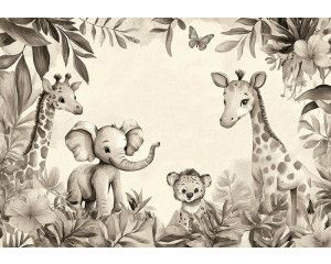 Fotobehang met een olifant, giraffen en een welpje tussen tropische bladeren en bloemen in zachte taupe- en zandtinten.