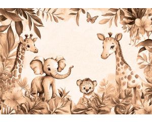 Fotobehang met jungle dieren zoals een olifant, giraffen en een welpje tussen bladeren en bloemen in warme terracotta tinten.