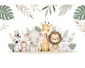 Fotobehang voor kinderen van een jungle vol dieren zoals een olifant, giraffe, olifant, aap, nijlpaard en een zebra in een wonderland setting.