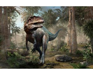 Een dino die door de jungle en het regenwoud beweegt, omringd door dichte vegetatie, weergegeven op dit fotobehang.