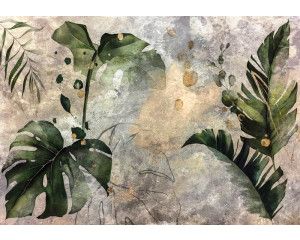 Fotobehang met botanische bladeren en kunstzinnige jungle-elementen.